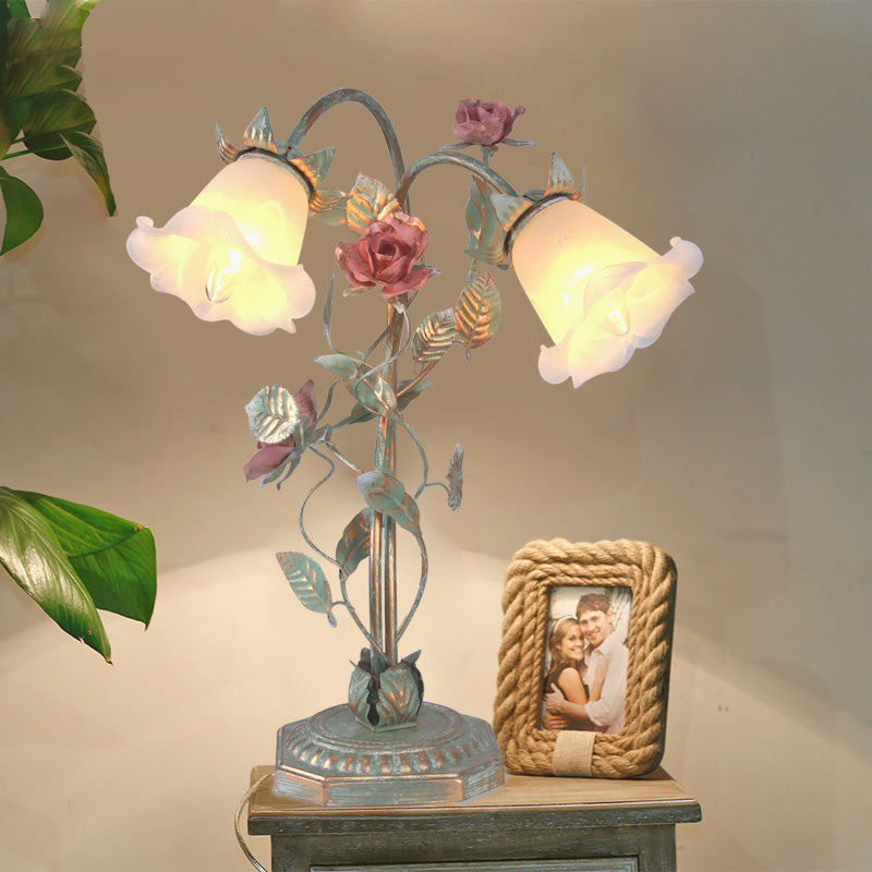 Vintage Metal Nightstand Lamp with Floral Glass Shade for Bedroom, Bedside Table Accent Light, Shabby Chic Cottage Décor | Thomler
