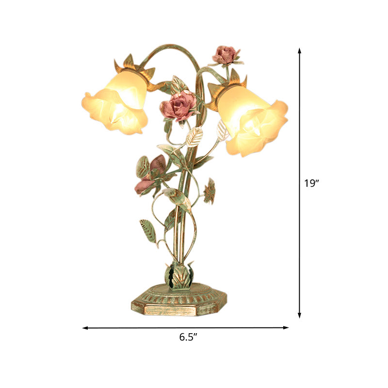 Vintage Metal Nightstand Lamp with Floral Glass Shade for Bedroom, Bedside Table Accent Light, Shabby Chic Cottage Décor | Thomler