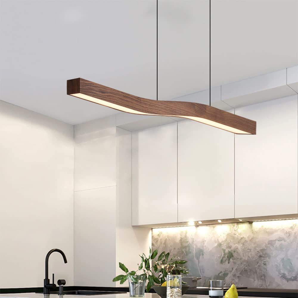 Modern Wave Pendant Light with Walnut-Finish Metal Frame & Dimmable LED for Dining Room Kitchen | Thomler