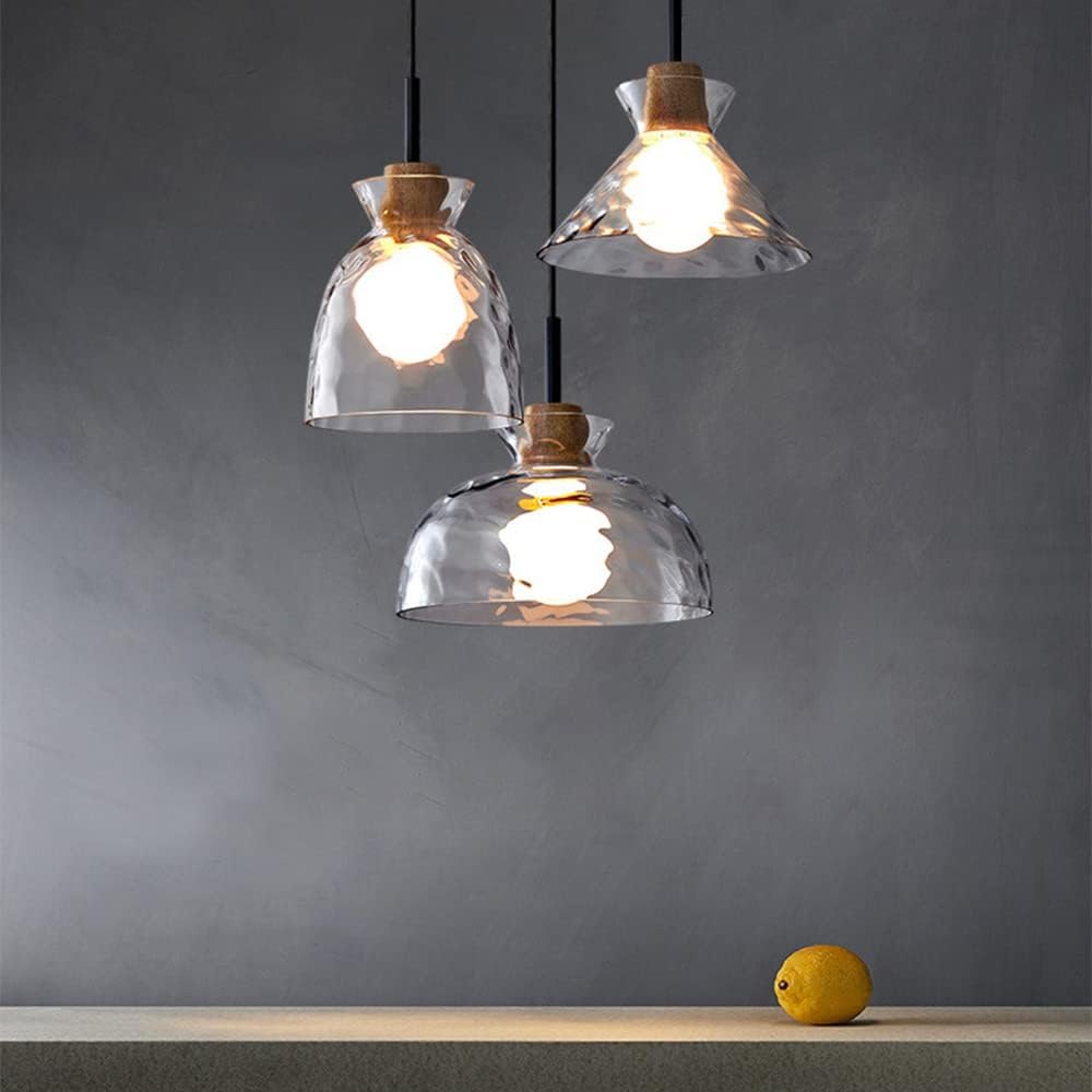 Pendant Light Glass Wood 10.6 in Adjustable Dining Room Kitchen Island Hanging Ceiling Lamp Scandinavian Minimalist Clear Shade | Thomler