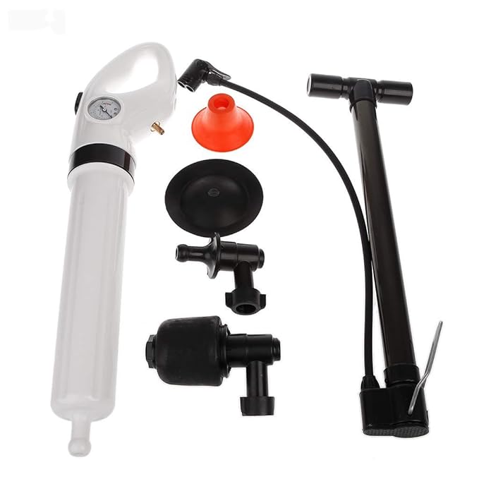 Pneumatic Drain Blaster Tool Kit for Sinks Toilets Tubs | Professional Pressure Pump Clog Remover System with 3 Nozzles | Unclogs Drains | Thomler