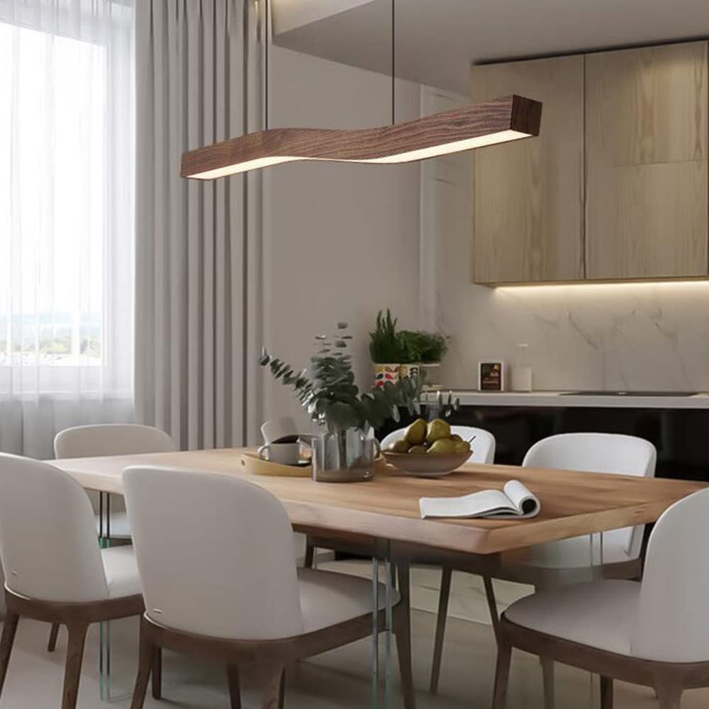 Modern Wave Pendant Light with Walnut-Finish Metal Frame & Dimmable LED for Dining Room Kitchen | Thomler