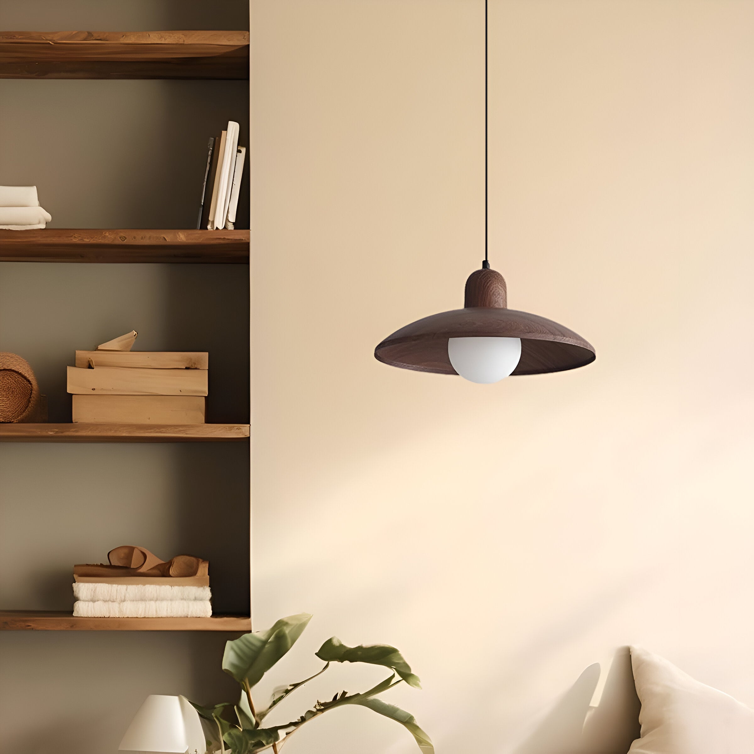 Pendant Light Wood Dome 11.8 in Walnut Dining Room Kitchen Island Hanging Ceiling Lamp Minimalist Japandi Style | Thomler
