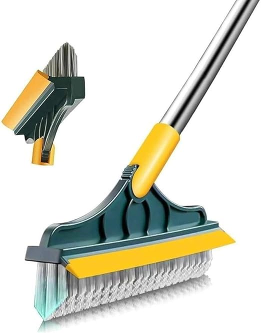 Rotating Head Bathroom Floor Scrubber with Squeegee for Tiles, Tubs & Grout – Long Handle Cleaning Tool for Corners & Tight Spaces | Thomler