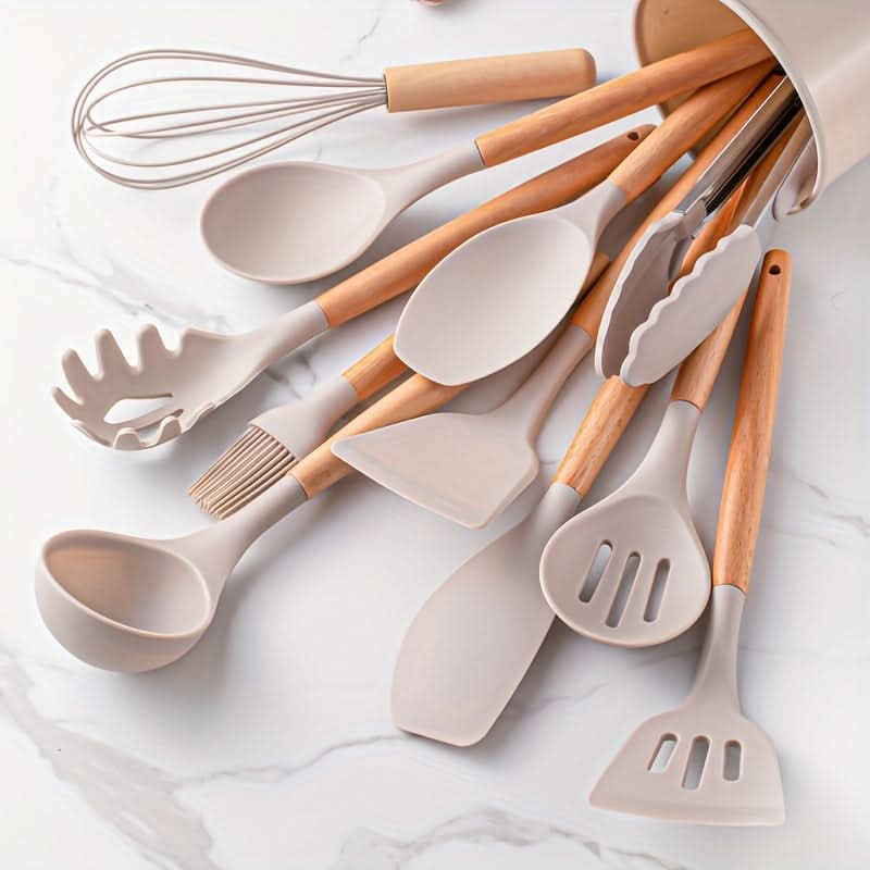 12-Piece Silicone Kitchen Utensil Set with Wooden Handles – Heat Resistant to 446°F, Dishwasher Safe, BPA-Free Cooking Tools | Thomler