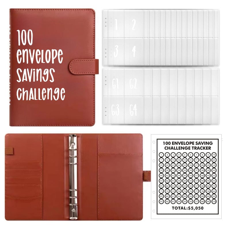 100-Envelope Money Saving Binder with Cash Envelopes for Budget Tracking & Financial Goals | PU Leather Organizer for Home Finance | Thomler