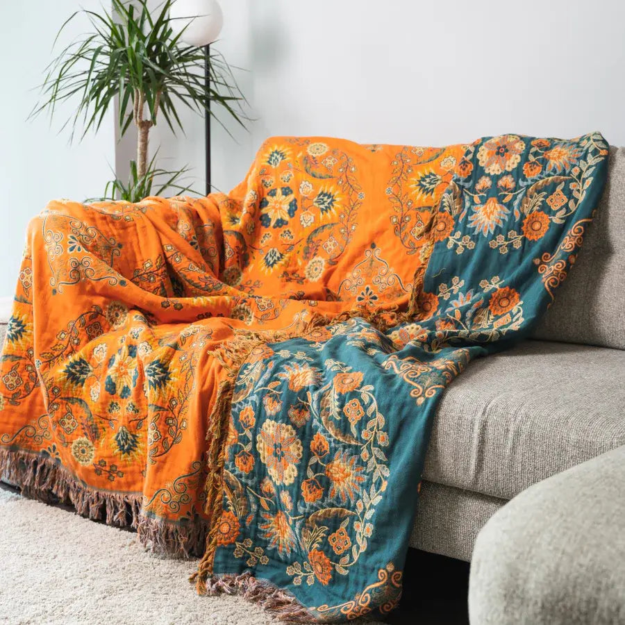 Reversible Cotton Throw Blanket with Tassels – Bohemian Floral Design for Couch, Sofa, or Bed – Warm & Decorative Home Accent | Thomler