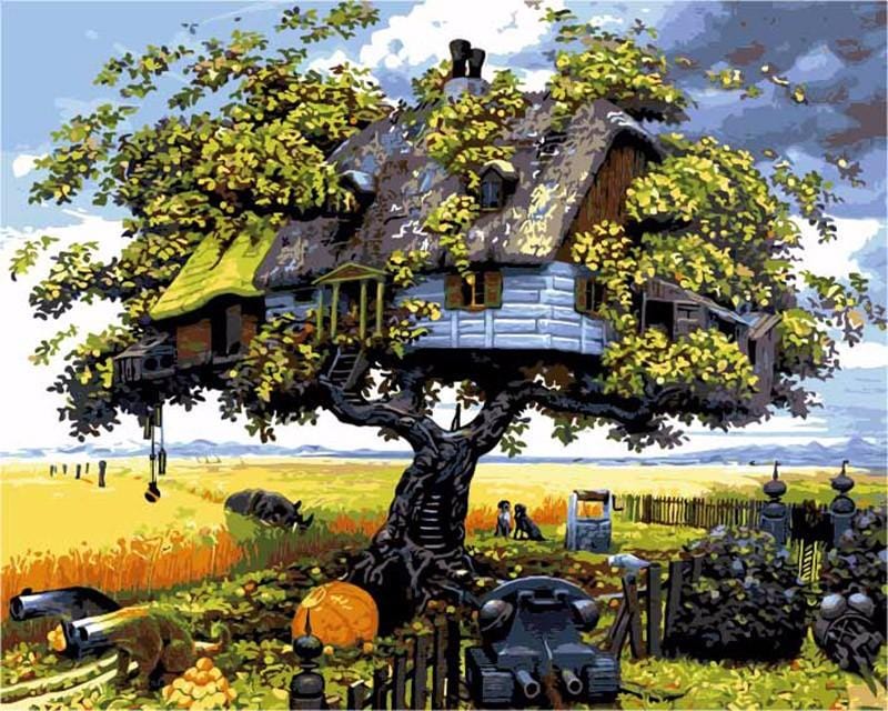 Numbered Canvas Painting Kit for Adults & Kids – Treehouse Forest Scene – Relaxing Art Project with Paints & Brushes | Thomler