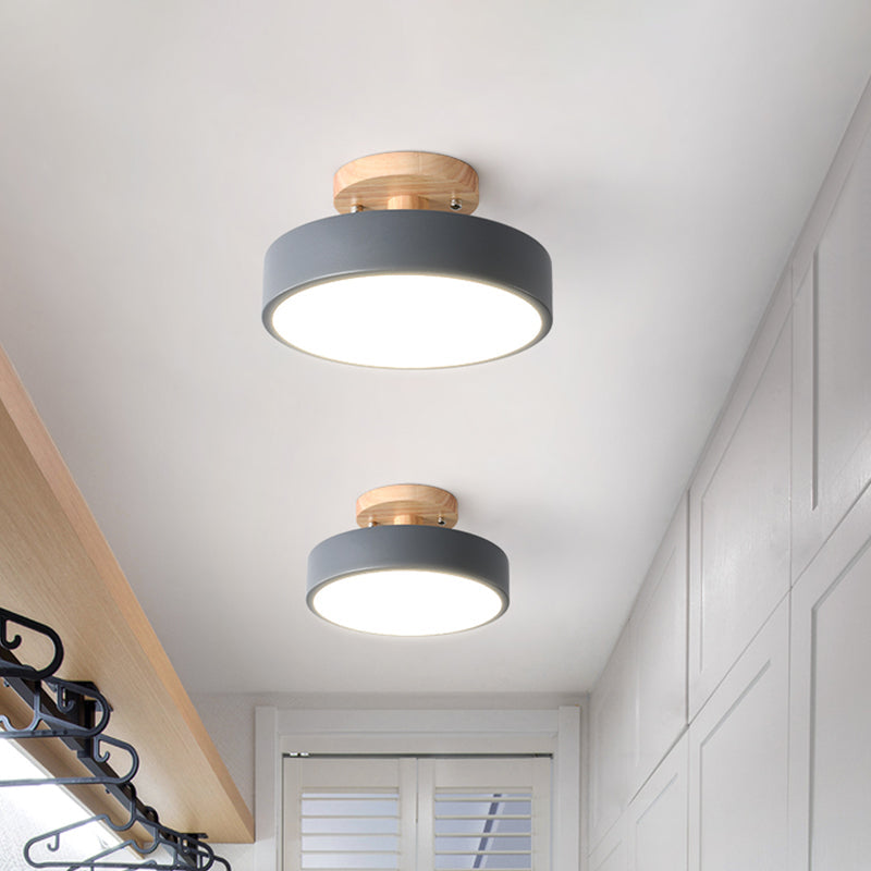 Modern LED Ceiling Light 8-Inch Drum with Wood Accent for Hallways Bedrooms Living Rooms Semi-Flush Mount Metal Fixture Nordic Style | Thomler