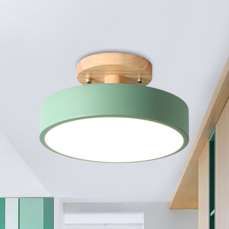 Modern LED Ceiling Light 8-Inch Drum with Wood Accent for Hallways Bedrooms Living Rooms Semi-Flush Mount Metal Fixture Nordic Style | Thomler