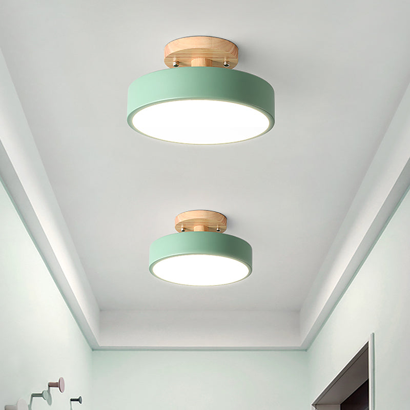 Modern LED Ceiling Light 8-Inch Drum with Wood Accent for Hallways Bedrooms Living Rooms Semi-Flush Mount Metal Fixture Nordic Style | Thomler