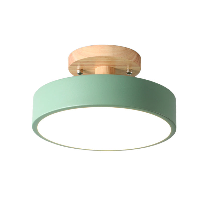 Modern LED Ceiling Light 8-Inch Drum with Wood Accent for Hallways Bedrooms Living Rooms Semi-Flush Mount Metal Fixture Nordic Style | Thomler