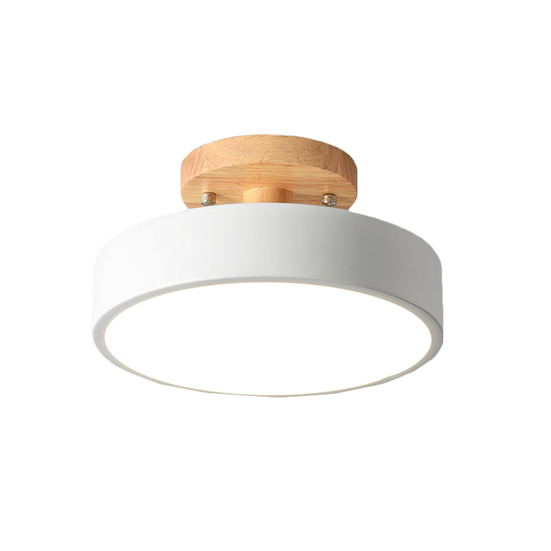 Modern LED Ceiling Light 8-Inch Drum with Wood Accent for Hallways Bedrooms Living Rooms Semi-Flush Mount Metal Fixture Nordic Style | Thomler