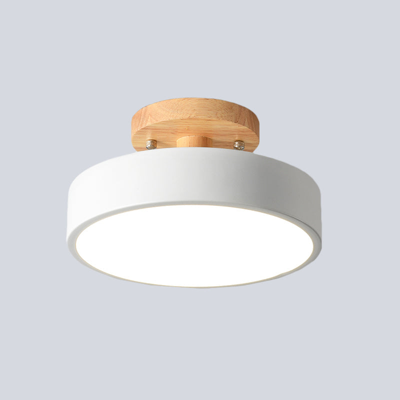 Modern LED Ceiling Light 8-Inch Drum with Wood Accent for Hallways Bedrooms Living Rooms Semi-Flush Mount Metal Fixture Nordic Style | Thomler