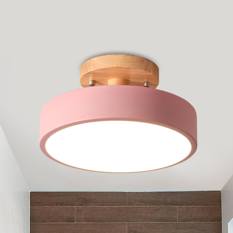 Modern LED Ceiling Light 8-Inch Drum with Wood Accent for Hallways Bedrooms Living Rooms Semi-Flush Mount Metal Fixture Nordic Style | Thomler