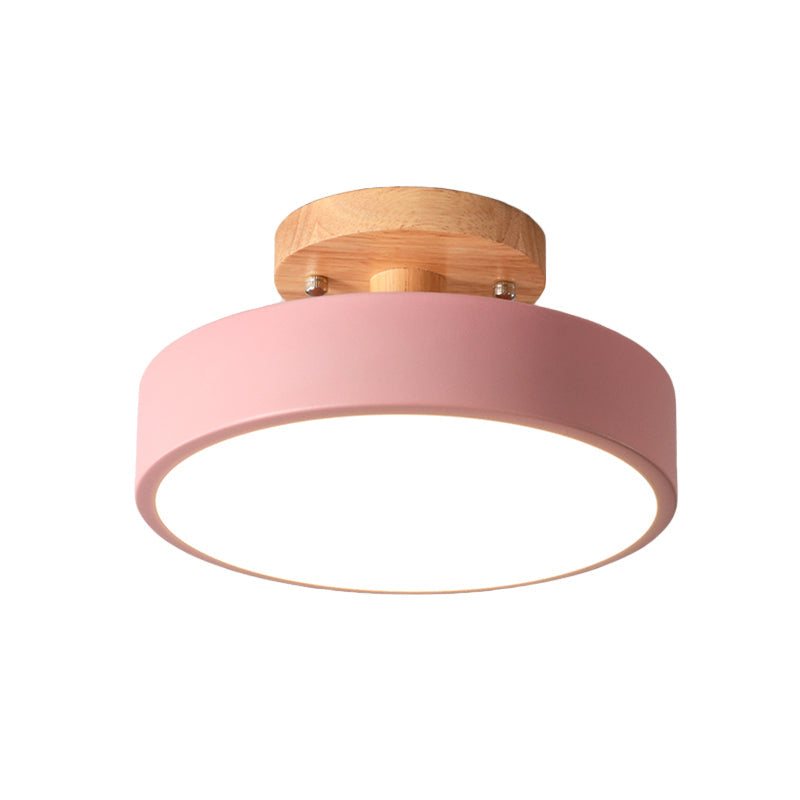 Modern LED Ceiling Light 8-Inch Drum with Wood Accent for Hallways Bedrooms Living Rooms Semi-Flush Mount Metal Fixture Nordic Style | Thomler