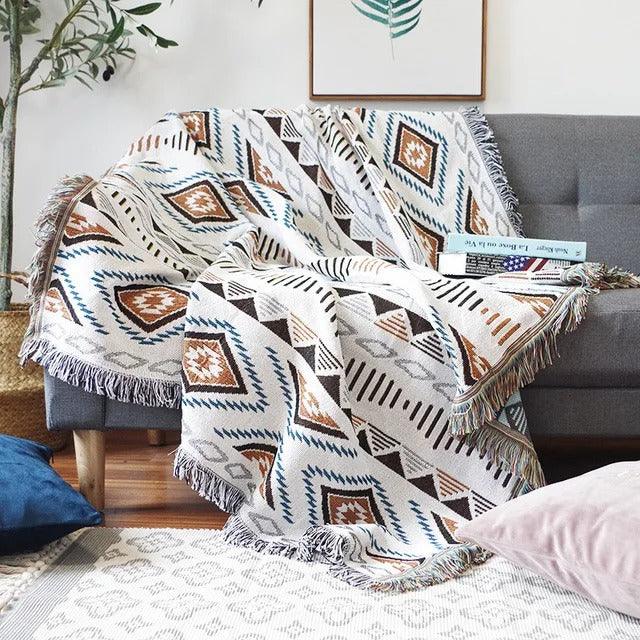 Throw Blanket Cotton Polyester Jacquard Weave Multicolour Sofa Bed Decorative Fringed Bohemian Living Room Accent Cover | Thomler