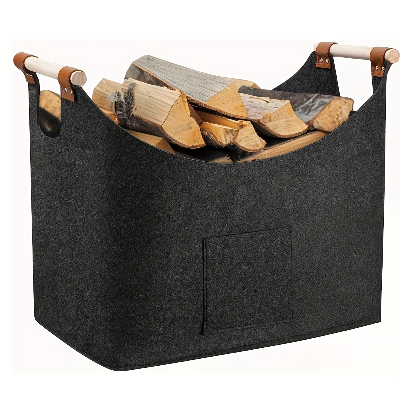 Collapsible Firewood Basket with Wooden Handles – 14.5 Gallon Felt Log Carrier for Living Room & Fireplace – Dark Gray Storage Bin | Thomler