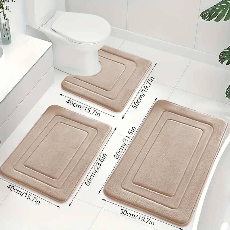 Memory Foam Bath Mat Set 3-Piece Non-Slip Absorbent Bathroom Rugs with U-Shape Toilet Mat Plush Microfiber Surface Contour Mats for Shower | Thomler