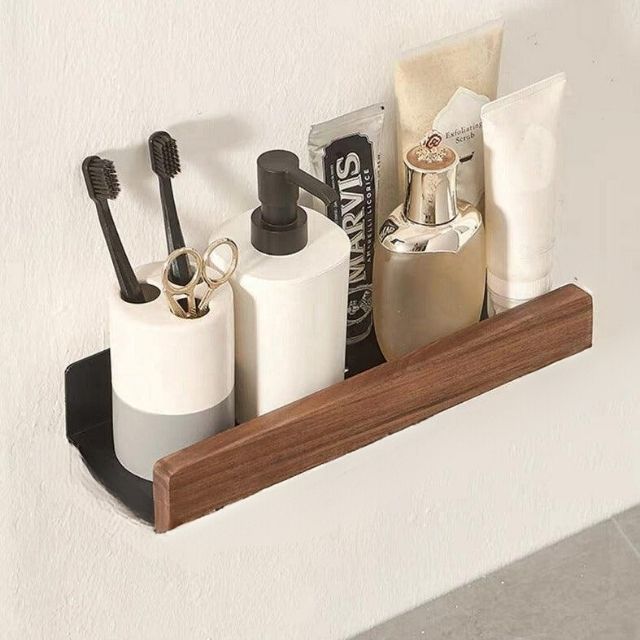 Wall Shelf Solid Wood Drill Free Bathroom Kitchen Storage Organiser Self Adhesive Space Saving Rack Minimalist Wall Mounted | Thomler