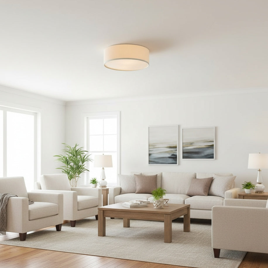 Fabric Flush Mount Drum Shade Ceiling Light for Bedroom & Living Room – Hardwire Installation | Thomler