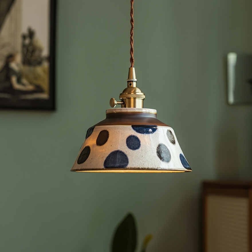 Ceramic Hanging Light Fixture with Unique Floral Designs for Kitchen, Dining Room, Cafe | Artisan Crafted Copper Hardware Pendant Lamp | Thomler