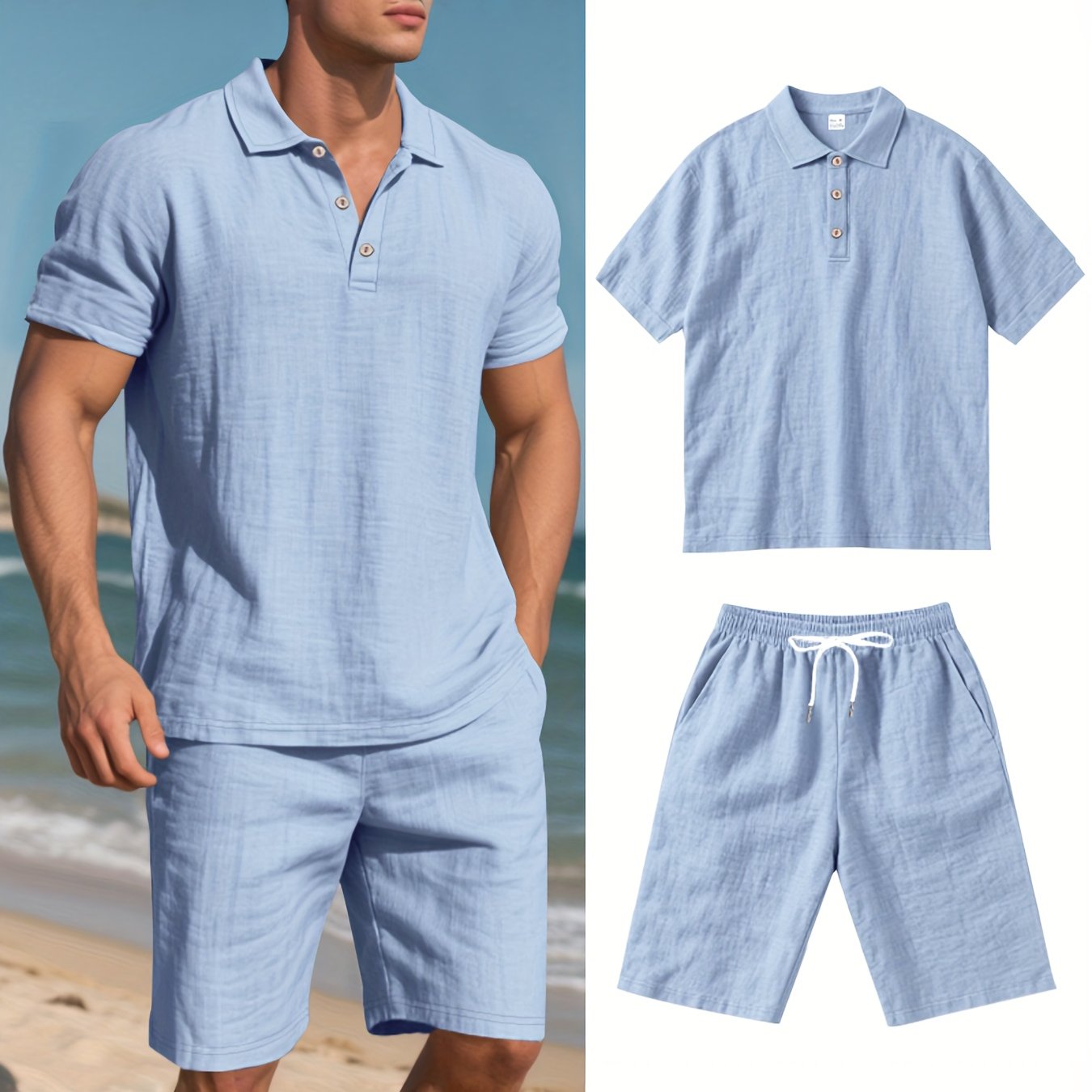 Men's Short-Sleeve Polo & Shorts Linen Set Summer Two-Piece Outfit Lightweight Breathable Casual Wear for Warm Weather | Thomler