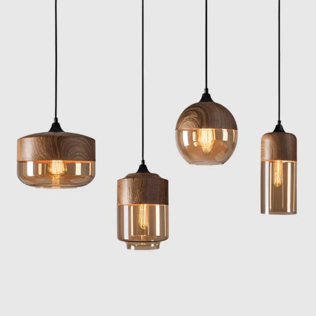 Glass Pendant Light with Wood-Look Metal – Scandinavian Hanging Fixture for Dining Room, Bedroom & Living Room | Thomler