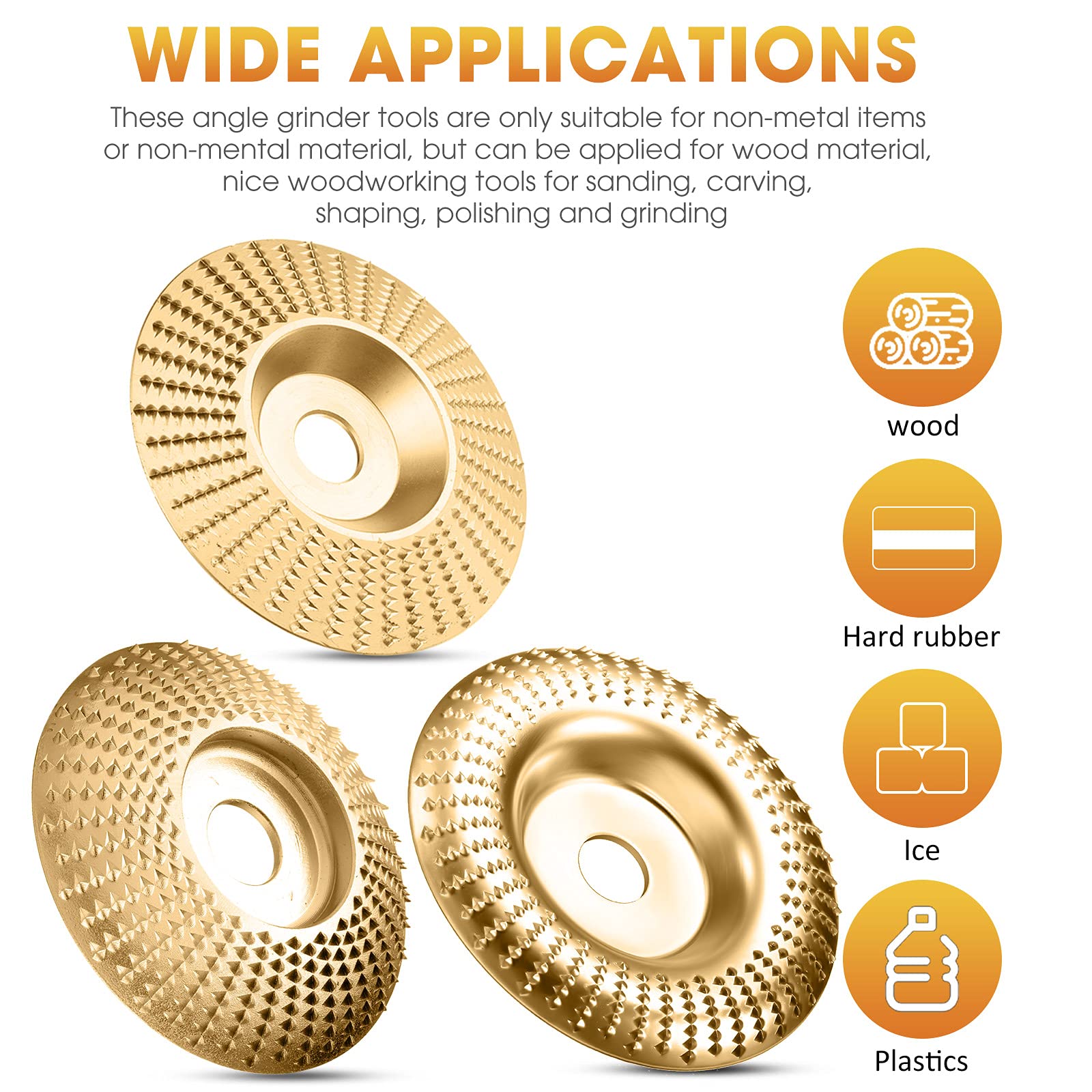 Carbide Abrasive Disc Set for Angle Grinders Gold 3-Piece Wood Shaping Kit Flat Bevel Arc 4 Inch for Woodworking Carving Sanding | Thomler