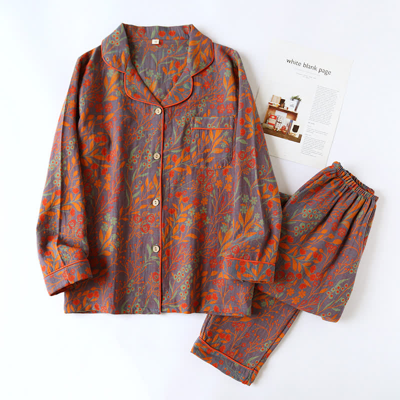 Women's Cotton Pajama Set with Botanical Leaf Print & Button-Down Top for Lounging | Thomler
