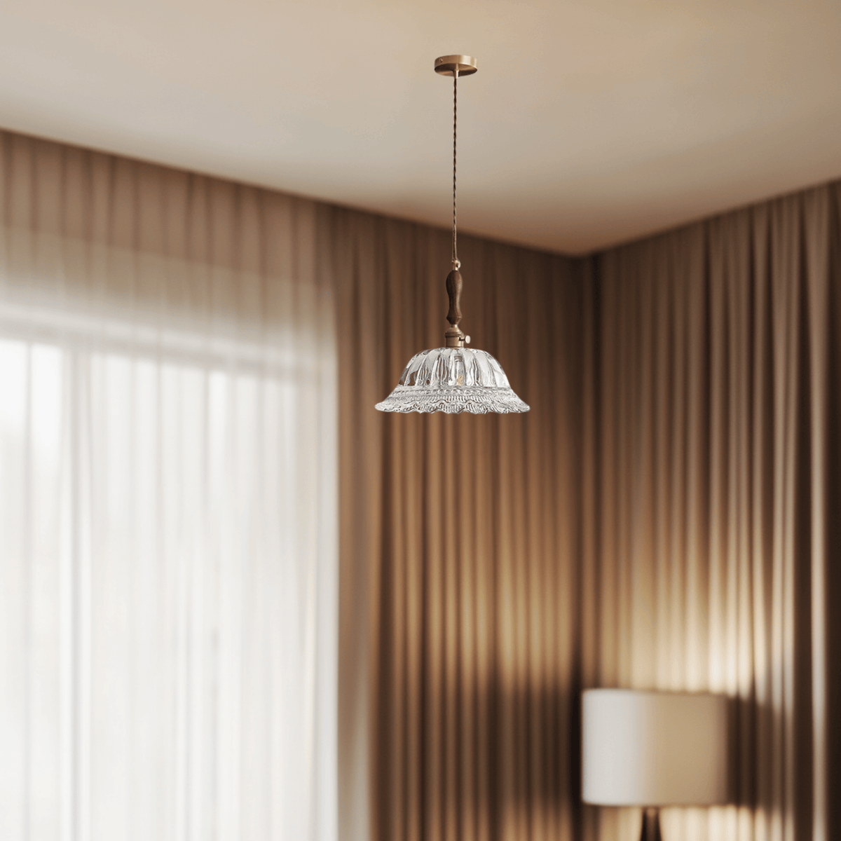 Walnut Wood & Brass Ceiling Fixture with Frosted Globe – Farmhouse Dining Room Overhead Lighting – Adjustable Drop Chandelier | Thomler
