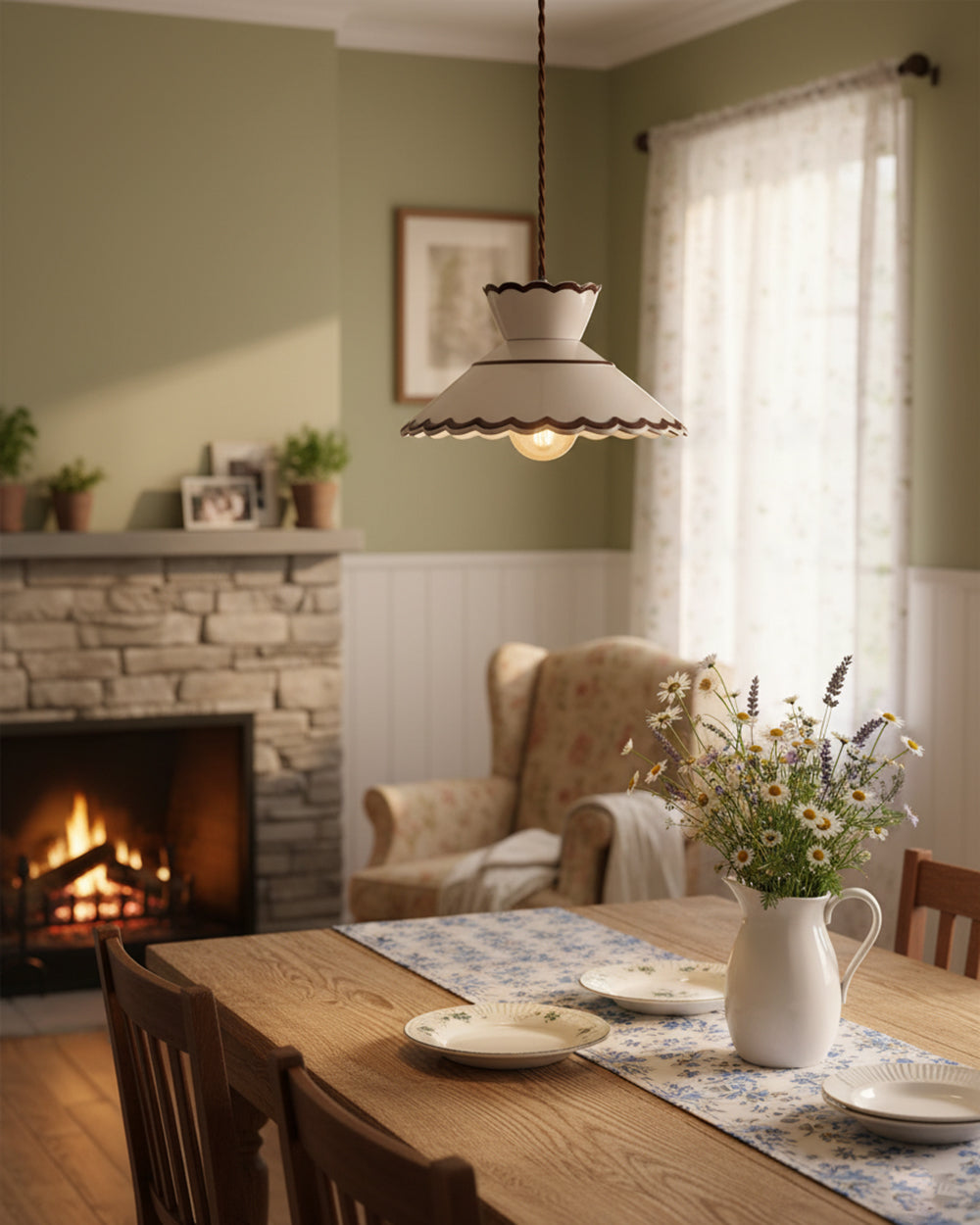 Pendant Light Ceramic 9.6 in Cream Vintage Dining Room Kitchen Island Hanging Ceiling Lamp | Thomler