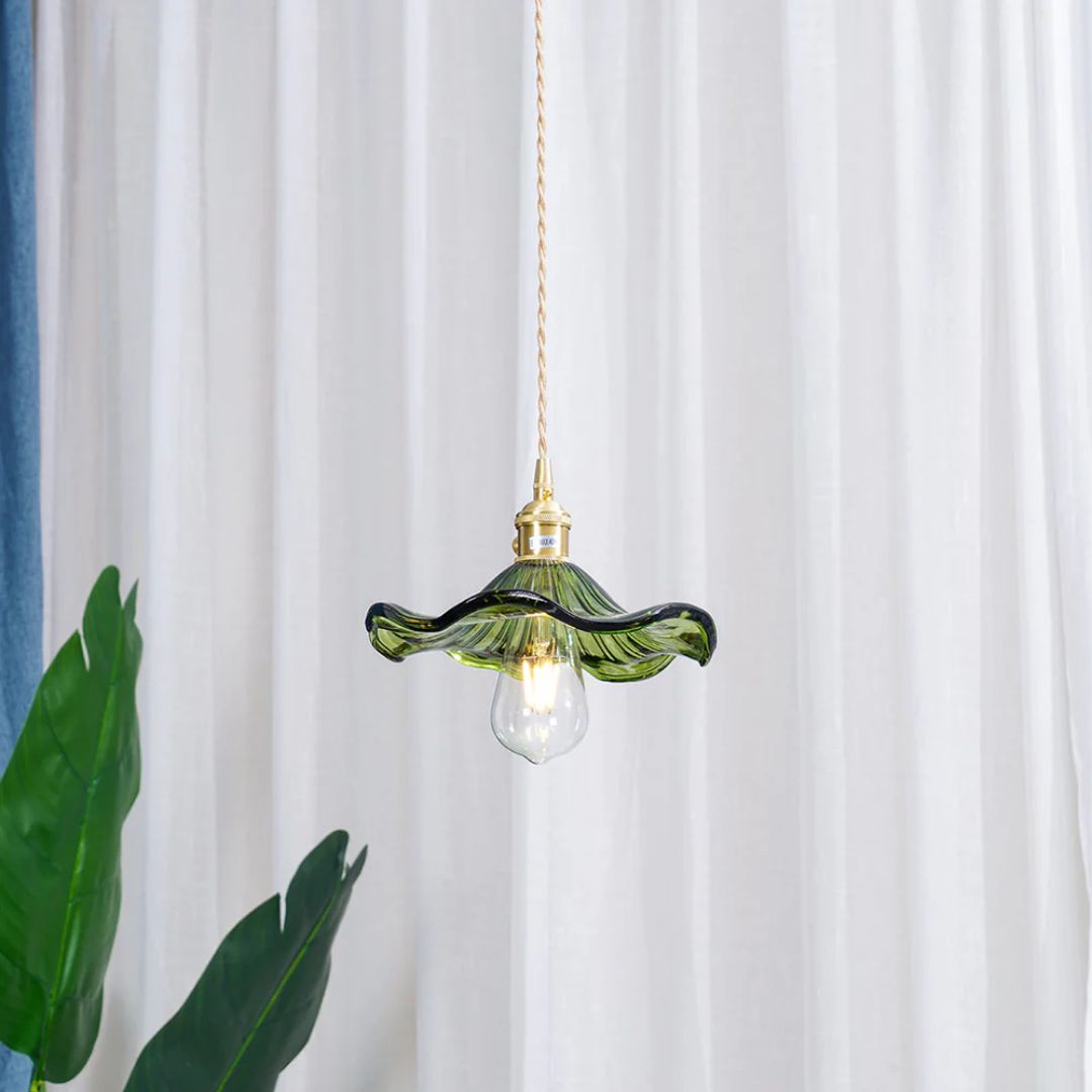 Pendant Light Glass Brass Flower Shade 23.0 cm Green Dining Room Bedroom Hanging Ceiling Lamp Retro Vintage Decorative | Thomler