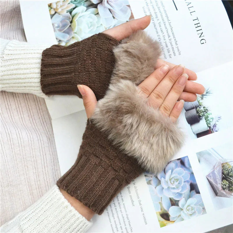 Soft Knit Fingerless Hand Warmers with Plush Faux Rabbit Fur Trim for Women – Stretchy Half-Finger Mittens for Texting & Typing in Cold | Thomler