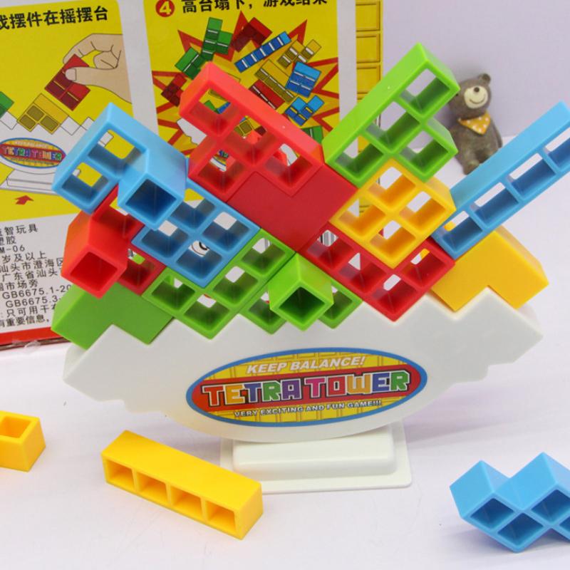 Wooden Stacking Tower Game for Kids - Tumbling Block Balance Challenge with Colorful Tetris Shapes for Toddlers & Children Ages 3+ | Thomler