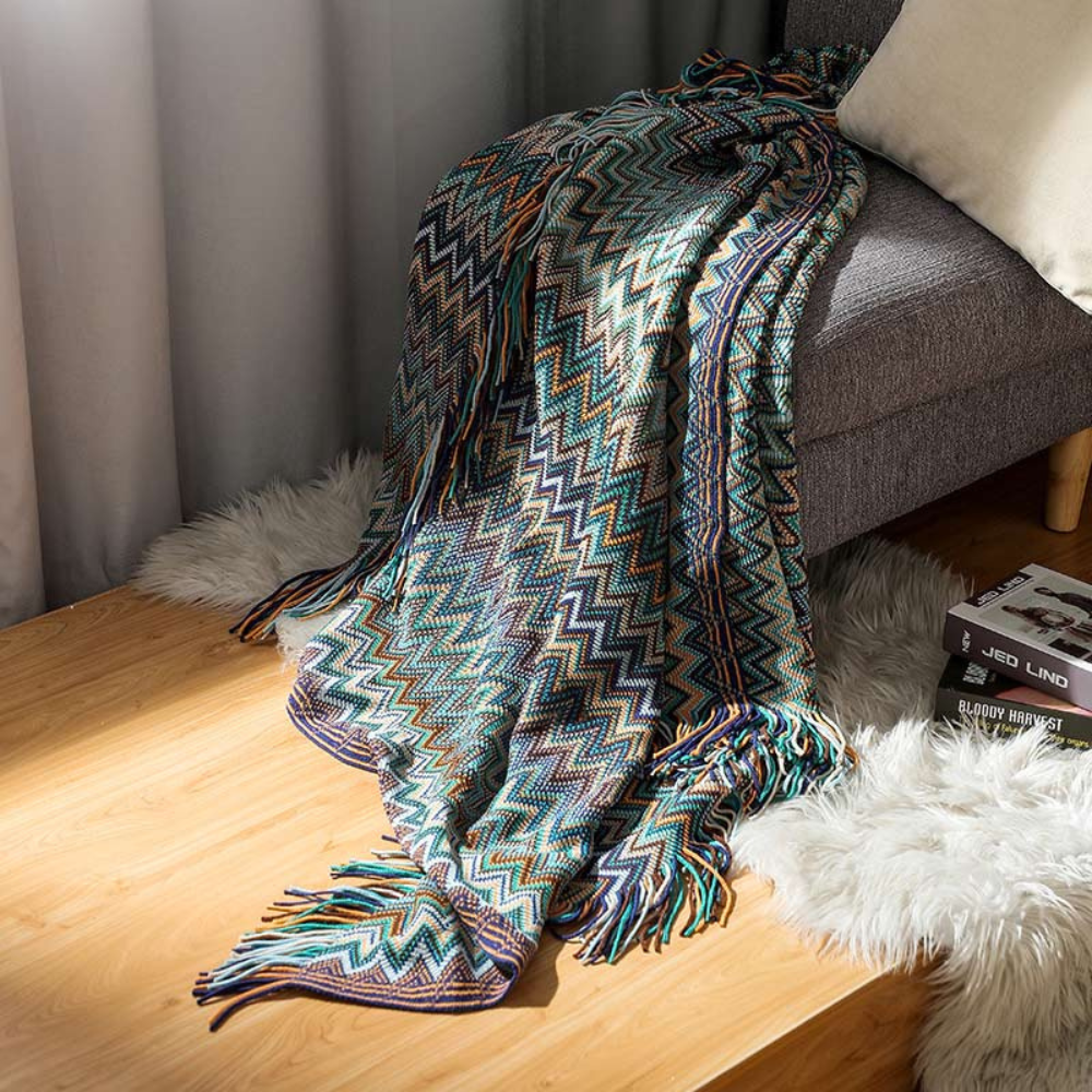 Chevron Knit Throw Blanket with Fringe Trim – Lightweight Acrylic for Year-Round Comfort | Thomler