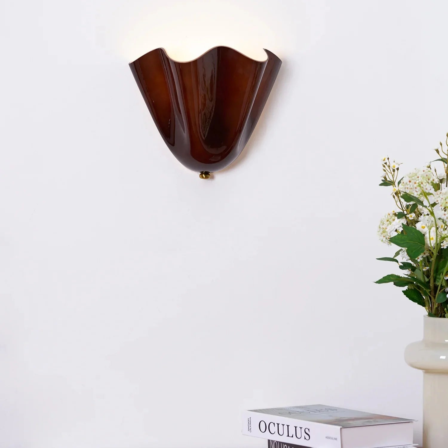 Shell-Inspired Glass Sconce 11 Inch Wide Vintage Iron Bedside Fixture Warm Ambient Hallway Lighting E14 Base Brown Green Beige Tinted Shade | Thomler