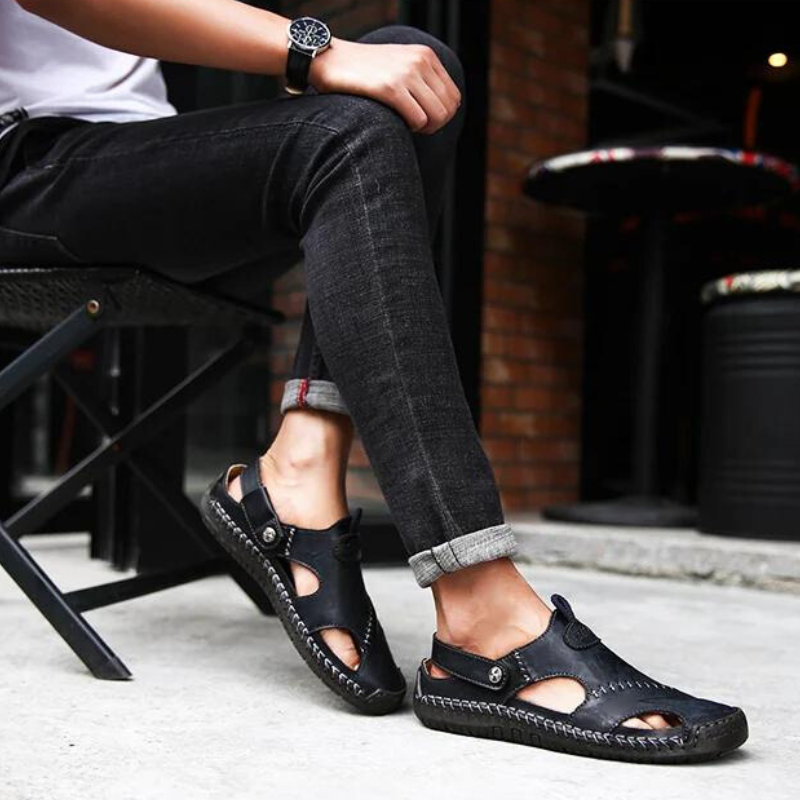 Men's Leather Slide Sandals – Closed Toe Slip-On with Orthopedic Support & Non-Slip Sole for Summer, Casual Wear, Travel & Vacation | Thomler