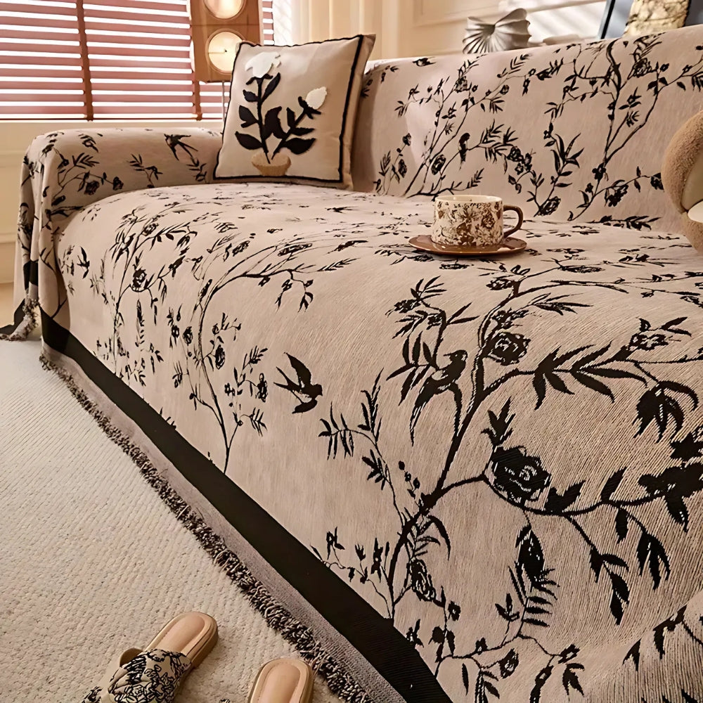 Textured Chenille Sofa Throw Blanket with Tassels – Floral Jacquard Couch Cover for Living Room, Pet-Friendly & Anti-Slip | Thomler
