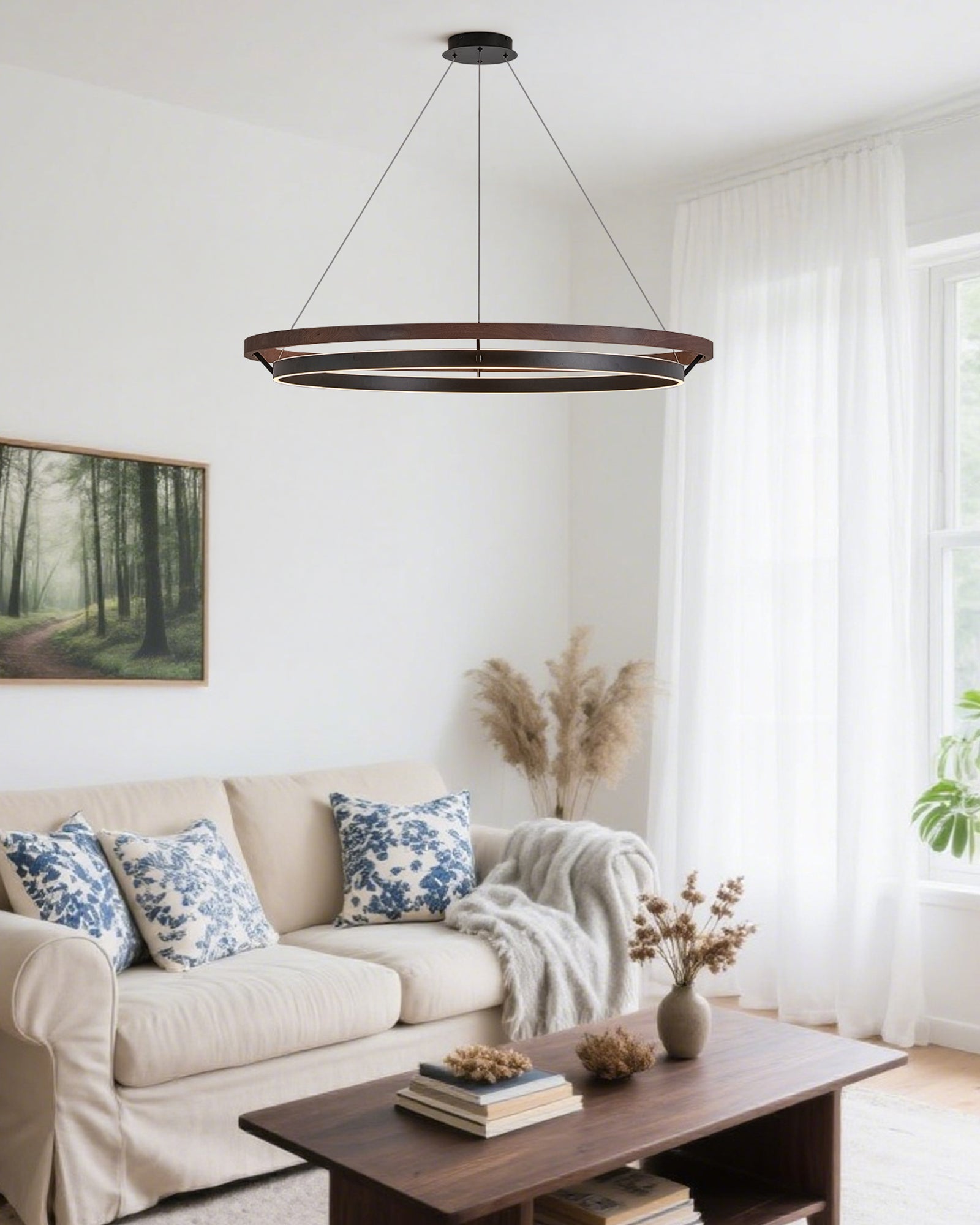 Pendant Light Wood Ring 60.0 cm (23.6") LED Dining Room Adjustable Hanging Ceiling Chandelier Modern Farmhouse Kitchen Island | Thomler