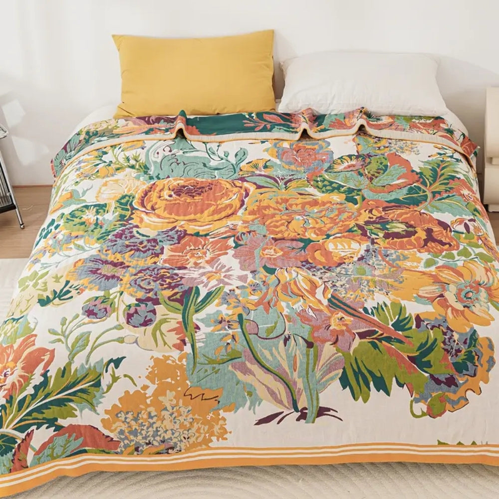 Reversible Cotton Throw Blanket with Jacquard Floral Pattern for Couch, Bed, Year-Round Comfort & Elegant Home Decor | Thomler