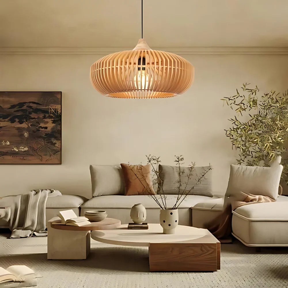 Pendant Light Wood 16.9 in Japandi Natural Dining Room Kitchen Island Hanging Ceiling Lamp Minimalist Scandinavian Modern | Thomler
