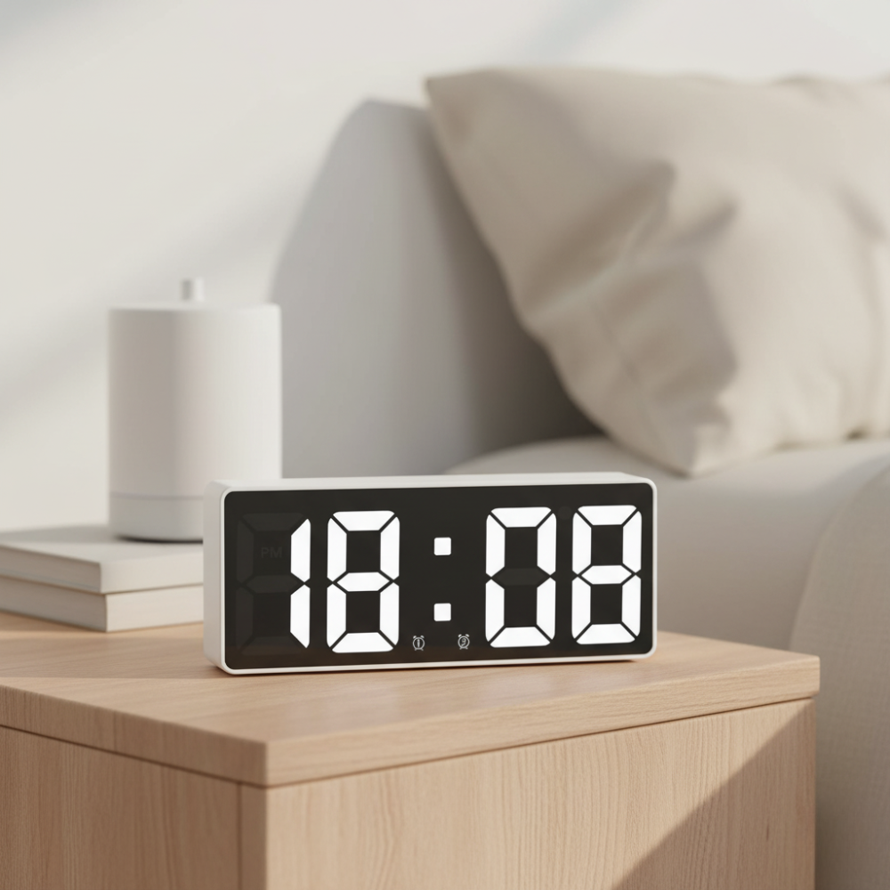Mirrored LED Bedside Clock – Time, Temp & Alarm Display | Thomler