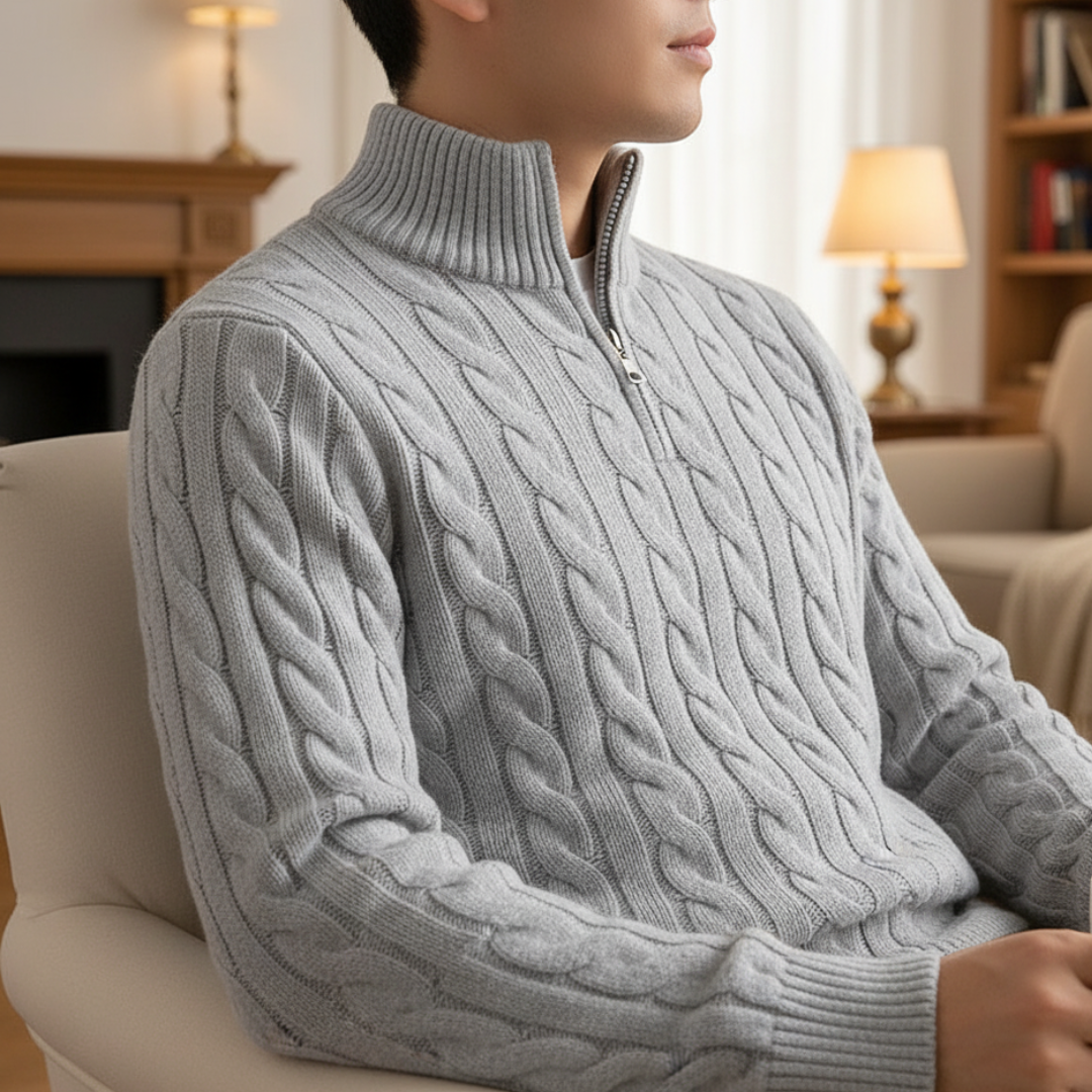 Cable-Knit Quarter-Zip Sweater for Men – 100% Cotton Stand-Collar Pullover for Fall & Winter | Thomler