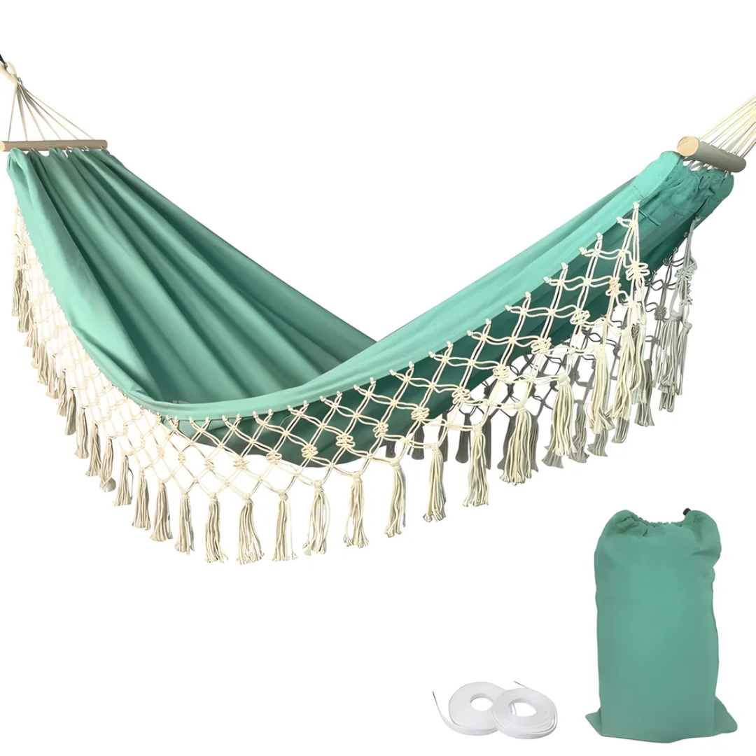Cotton-Blend Hammock with Wood Spreader Bar for Patio, Yard & Balcony – Boho Lounge Swing | Thomler