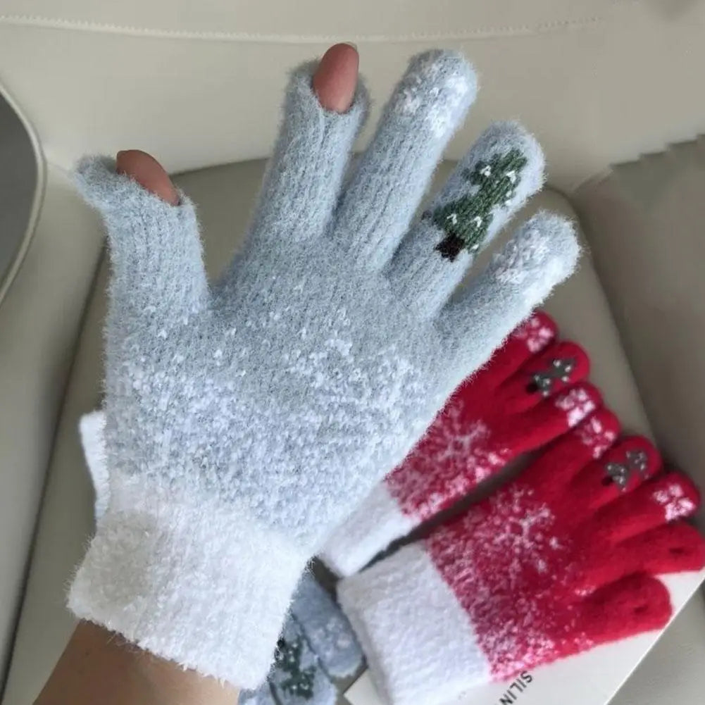 Convertible Mitten Gloves with Fold-Back Finger Covers – Plush Fleece Winter Hand Warmers for Women & Teens – Holiday Embroidered Design | Thomler