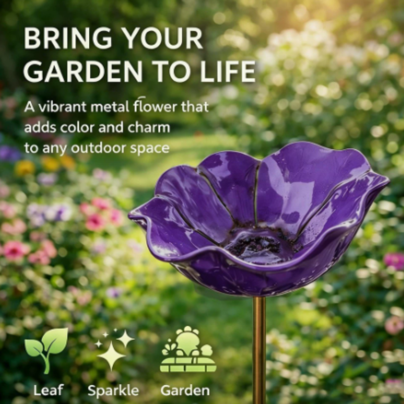 Metal Flower Stake Bird Bath for Garden, Yard & Patio – Decorative Pollinator Watering Station in 6 Colors | Thomler