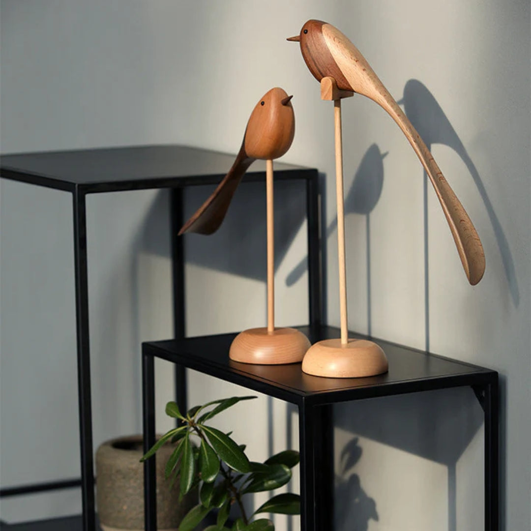 Handcrafted Wooden Bird Sculptures Set of 2 Decorative Figurines Modern Redwood Accent Pieces for Living Room Bedroom Office Mantel | Thomler