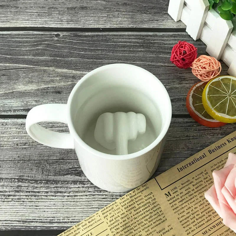 Novelty Coffee Mug with Raised Finger Handle White Ceramic 12 oz for Home Office Kitchen | Thomler