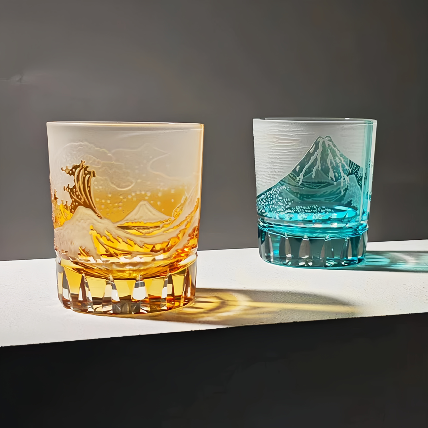 Japanese Wave Crystal Whisky Glass with Mt. Fuji Engraving in Golden or Blue Finish, Handcut Tumbler in Wooden Gift Box for Spirits and Bour | Thomler